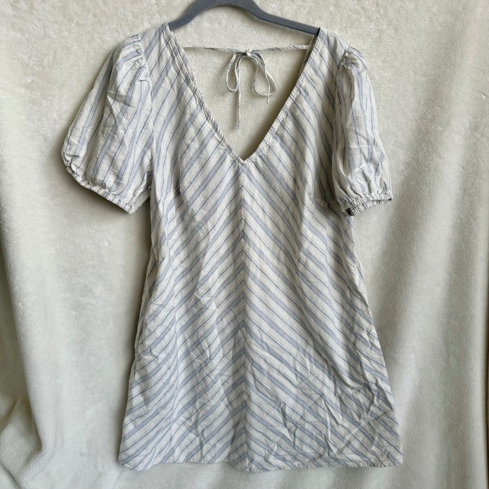 A New Day Cream Blue Stripe Chevron Puff Sleeve Open‎ Back Tie Mini Dress XL